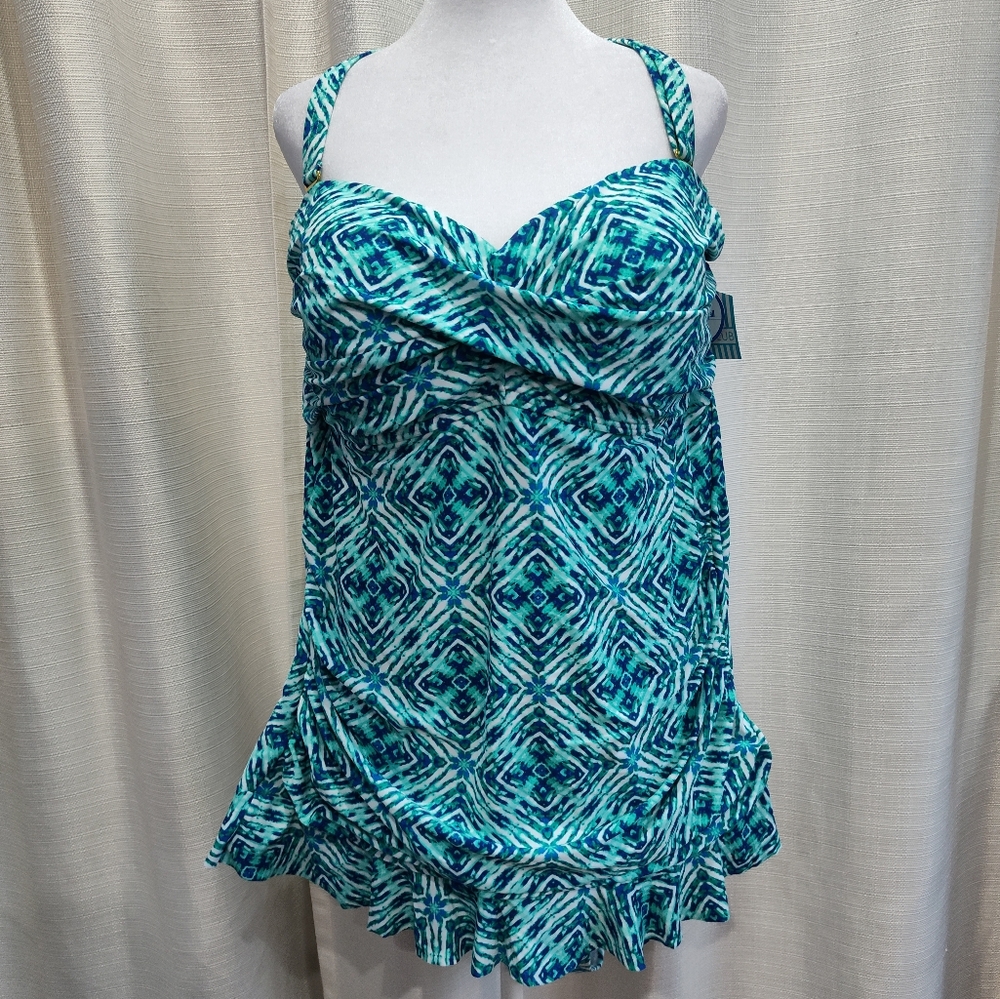 NWT Blue and Green Patterned Ruffle Bathing Suit